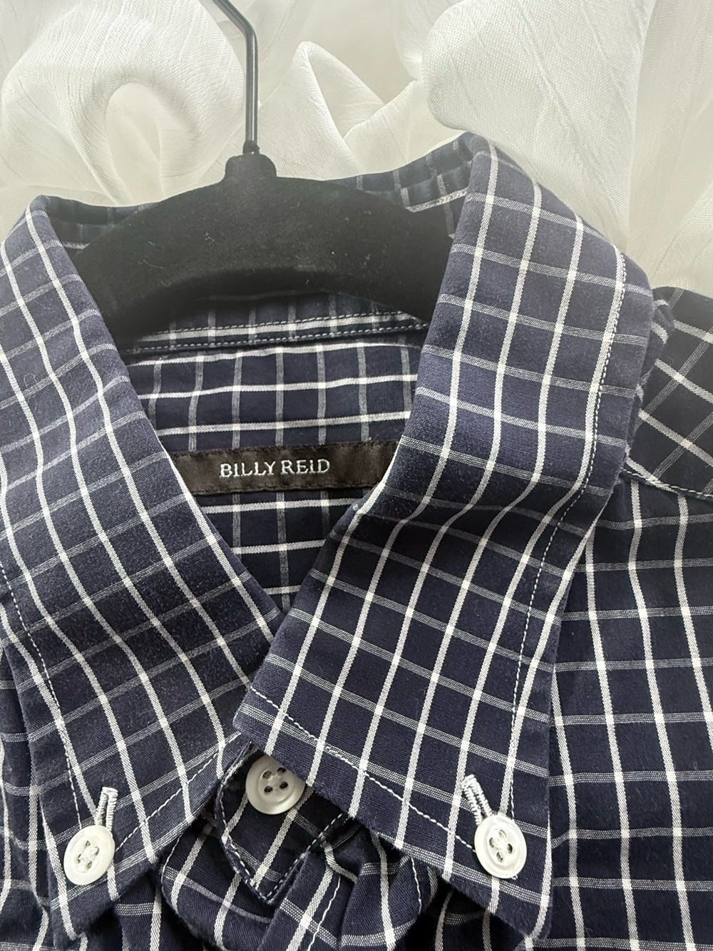 Billy Reid Navy and White Windowpane Button-Down Shirt